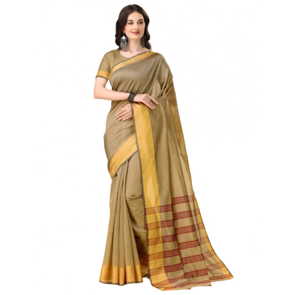 Generic Women's Cotton Silk Striped Saree With Unstitched Blouse 5.5Mtr (Cream) Main image