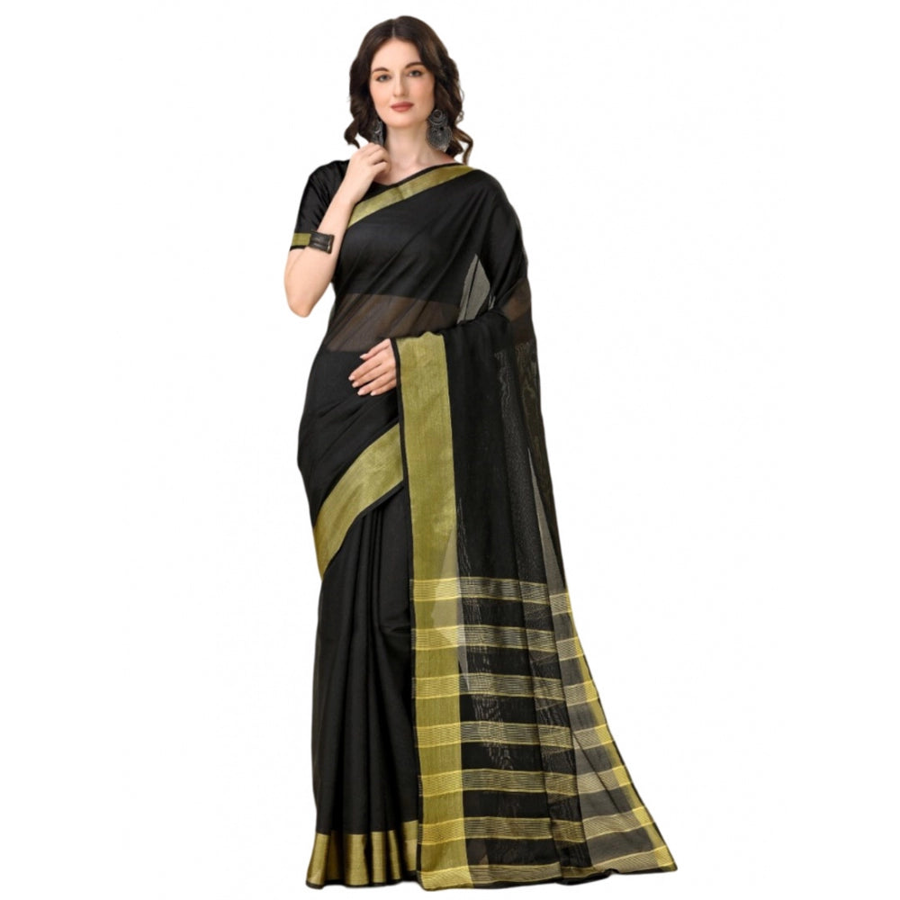 Generic Women's Cotton Silk Striped Saree With Unstitched Blouse 5.5Mtr (Black) Main image