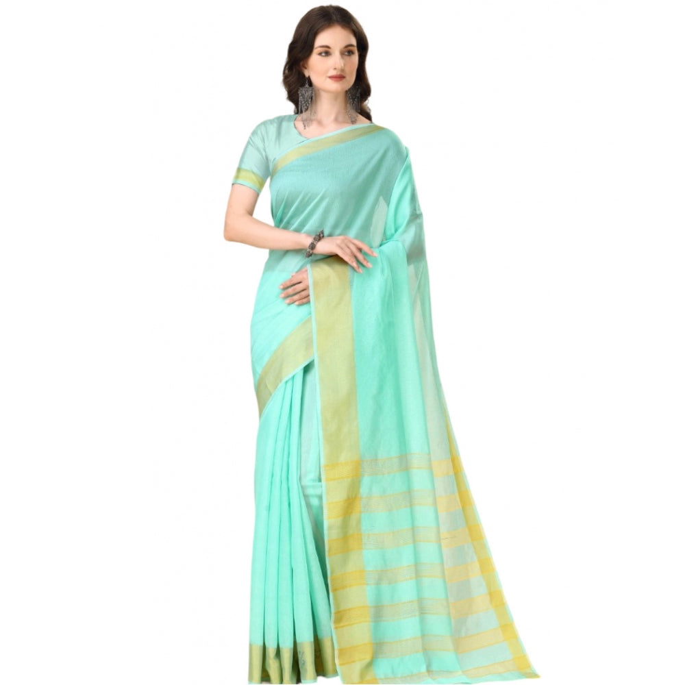 Generic Women's Cotton Silk Striped Saree With Unstitched Blouse 5.5Mtr (Blue) Main image