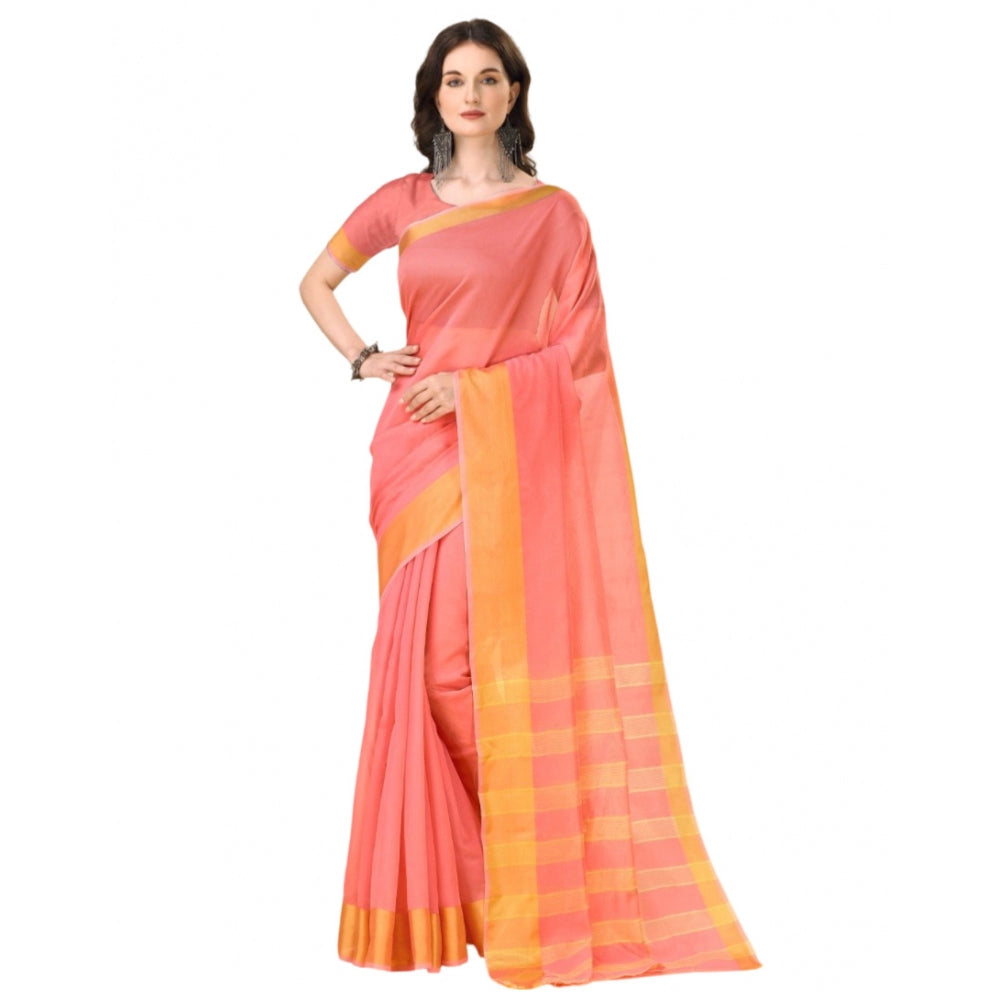 Generic Women's Cotton Silk Striped Saree With Unstitched Blouse 5.5Mtr (Pink) Main image
