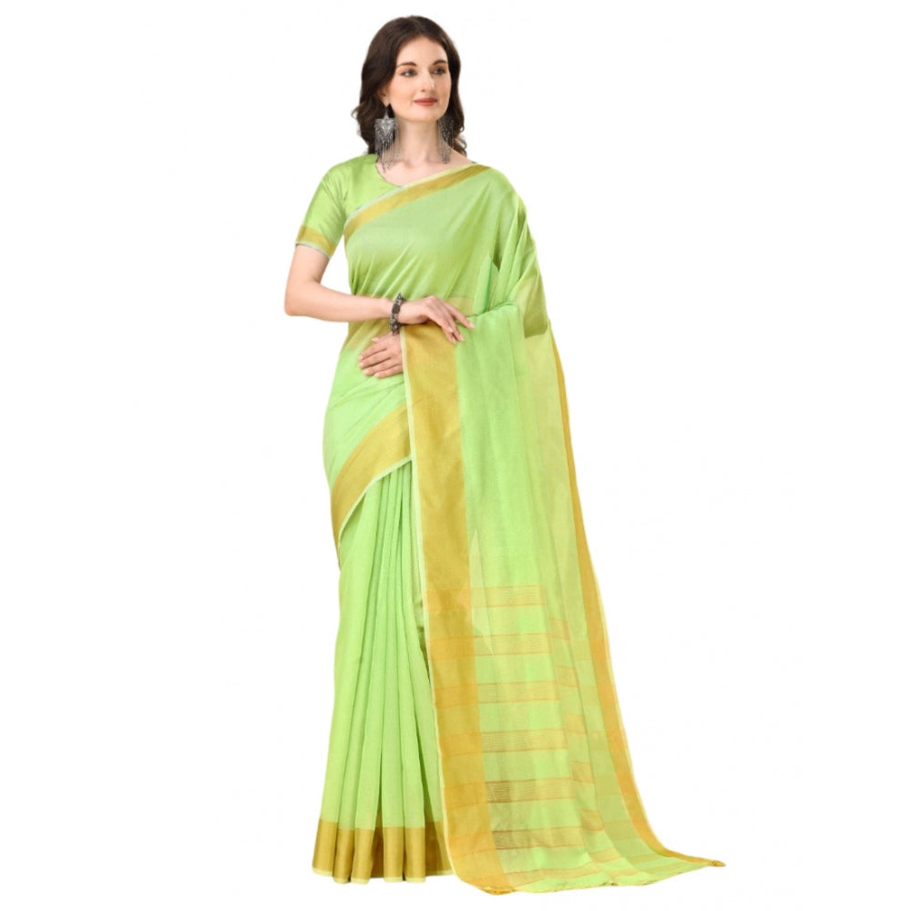 Generic Women's Cotton Silk Striped Saree With Unstitched Blouse 5.5Mtr (Green) Main image