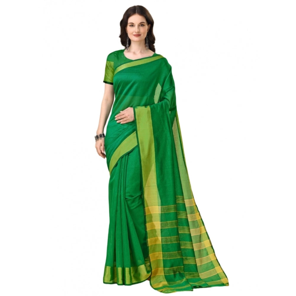 Generic Women's Cotton Silk Striped Saree With Unstitched Blouse 5.5Mtr (Green) Main image