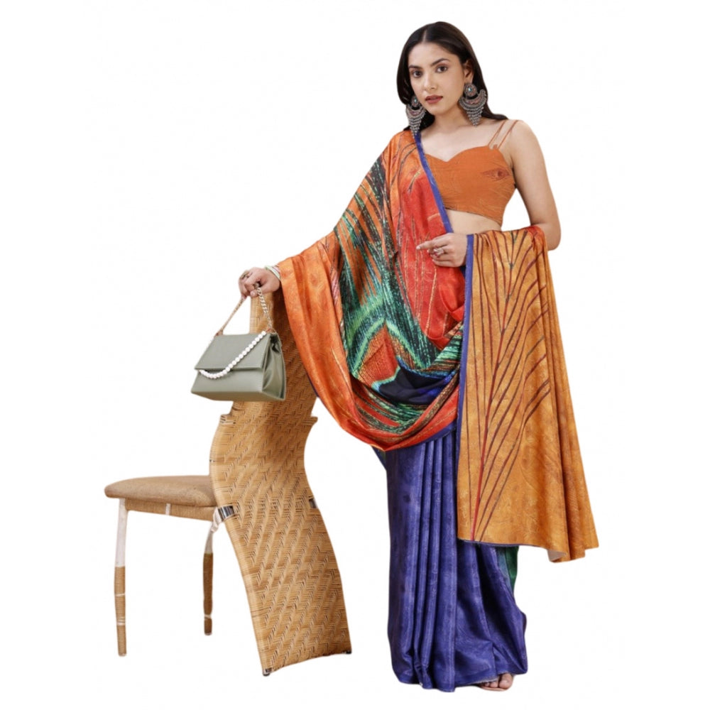 Generic Women's Crepe Digital Print Saree With Unstitched Blouse 5.5Mtr (Light Blue) Main image