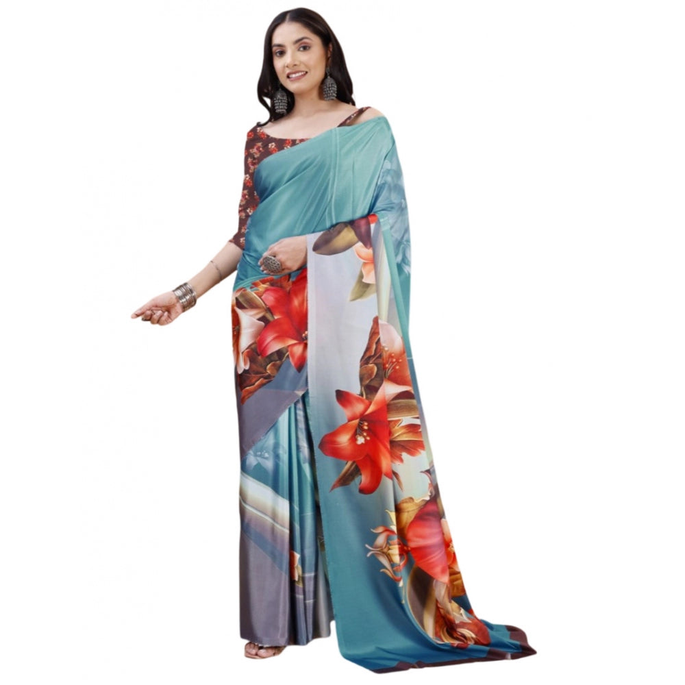 Generic Women's Crepe Digital Print Saree With Unstitched Blouse 5.5Mtr (Blue) Main image