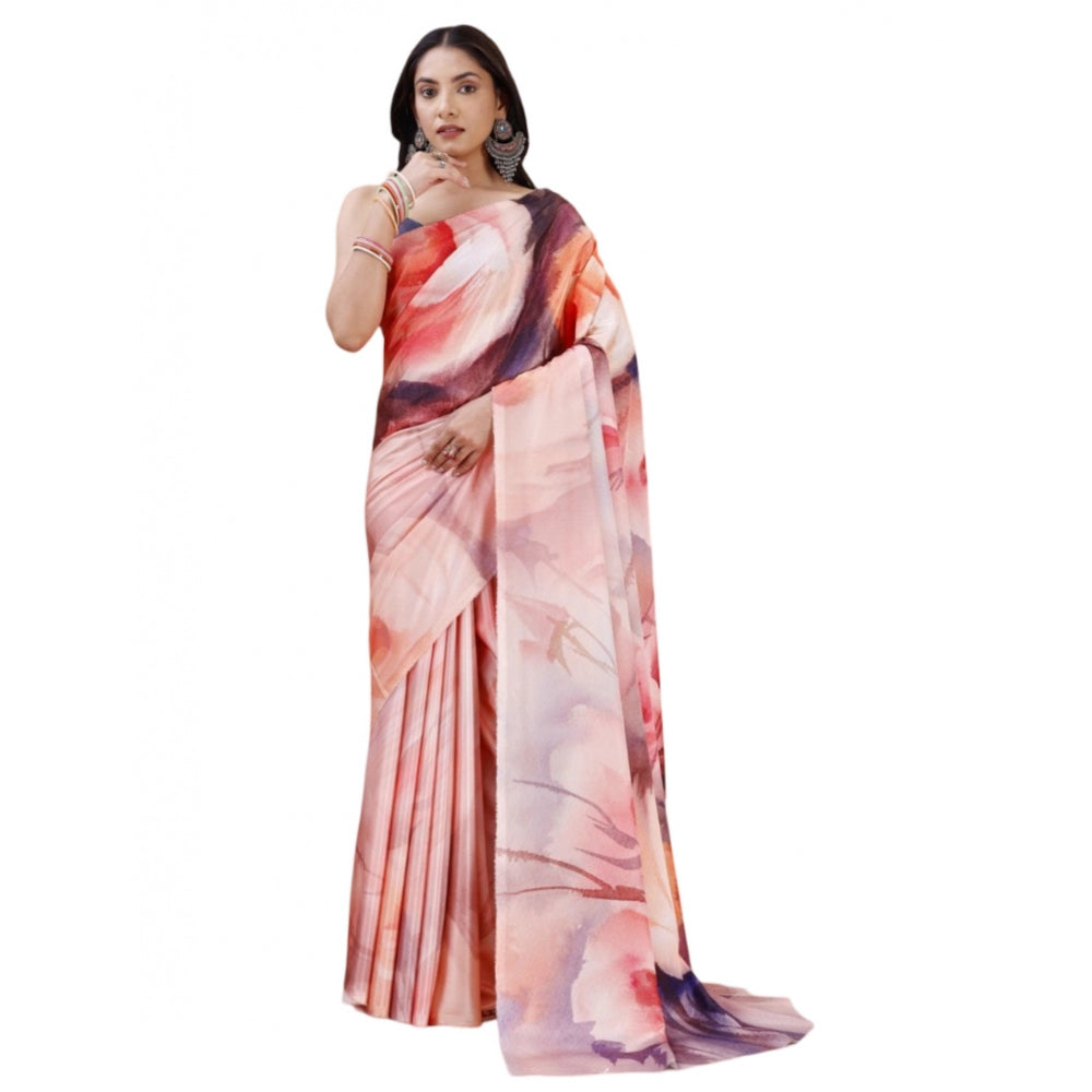 Generic Women's Crepe Digital Print Saree With Unstitched Blouse 5.5Mtr (Pink) Main image