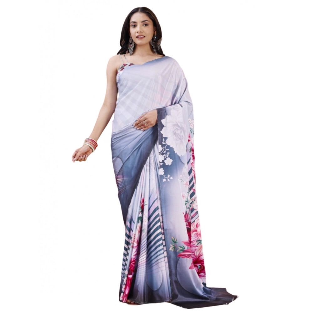 Generic Women's Crepe Digital Print Saree With Unstitched Blouse 5.5Mtr (Grey) Main image
