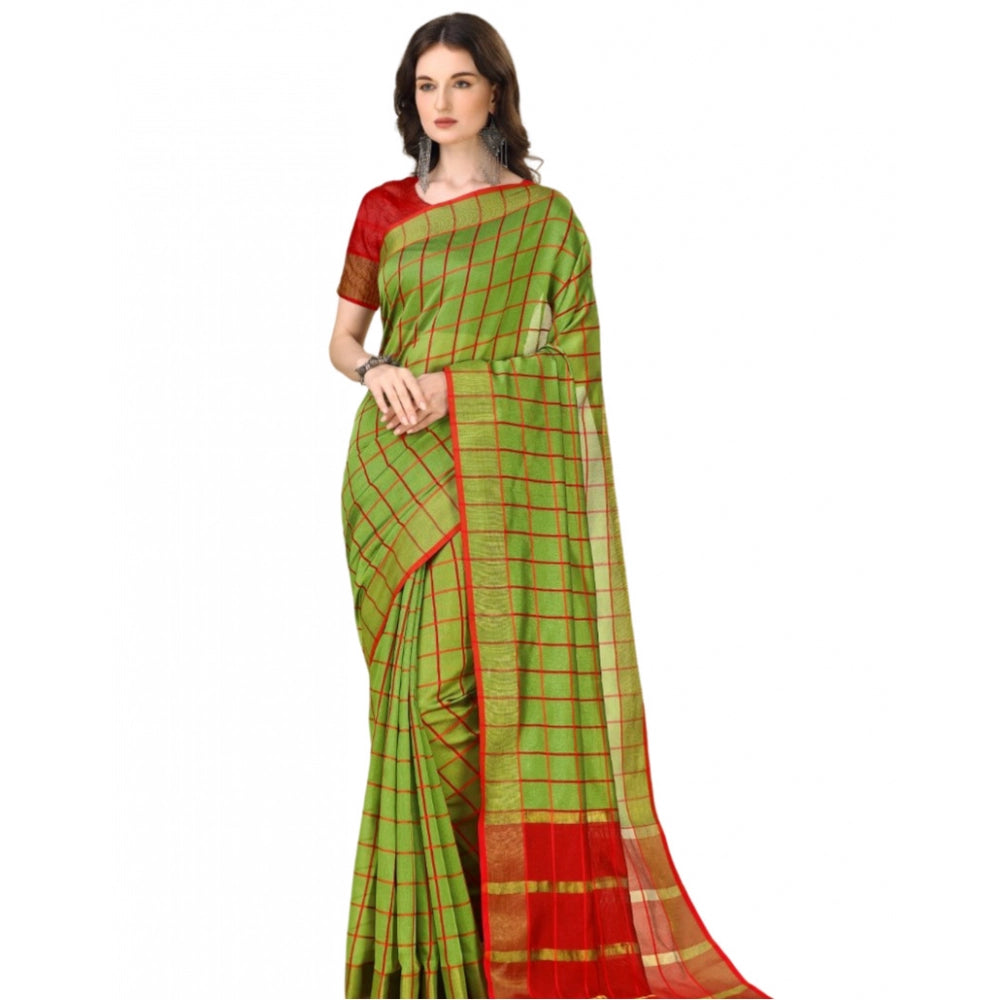 Generic Women's Cotton Silk Checkered Saree With Unstitched Blouse 5.5Mtr (Green) Main image