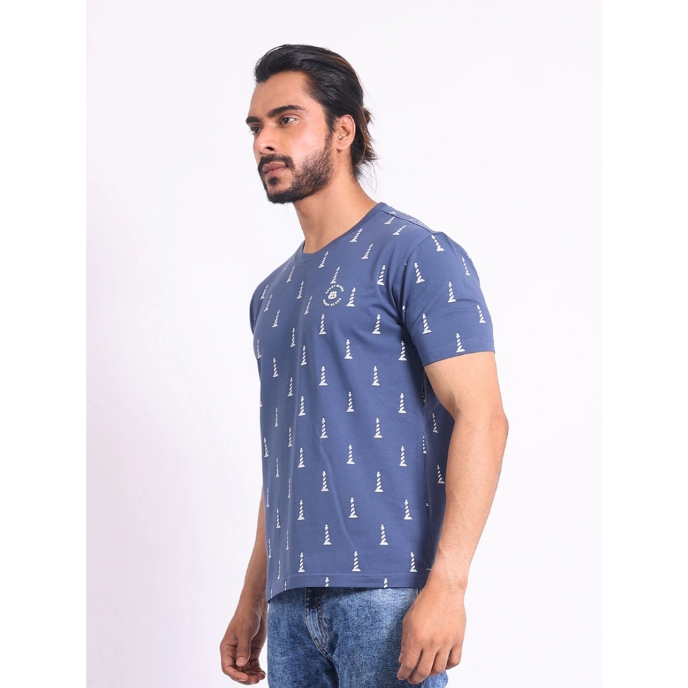 Generic Men's Casual Cotton Printed Round Neck Half Sleeve T-Shirt (Blue)