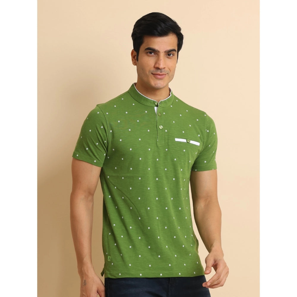 Generic Men's Casual Cotton Printed Mandarin Collar Half Sleeve T-Shirt (Green)