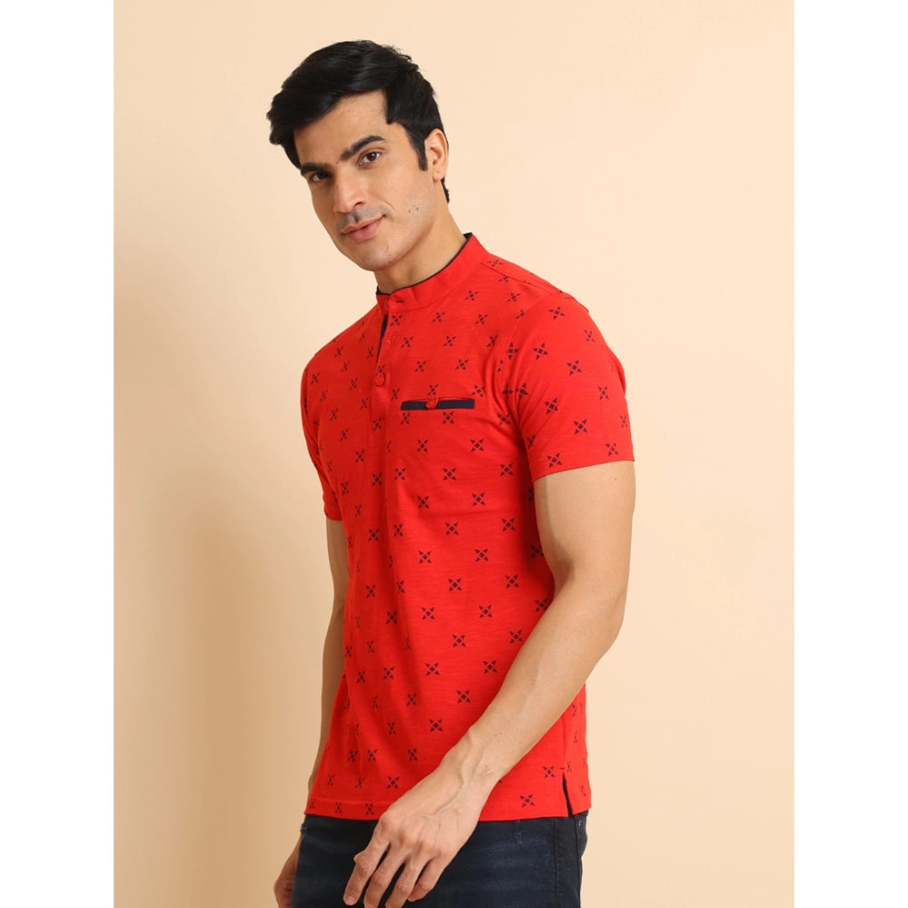 Generic Men's Casual Cotton Printed Mandarin Collar Half Sleeve T-Shirt (Red)
