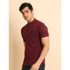 Generic Men's Casual Cotton Printed Mandarin Collar Half Sleeve T-Shirt (Plum)