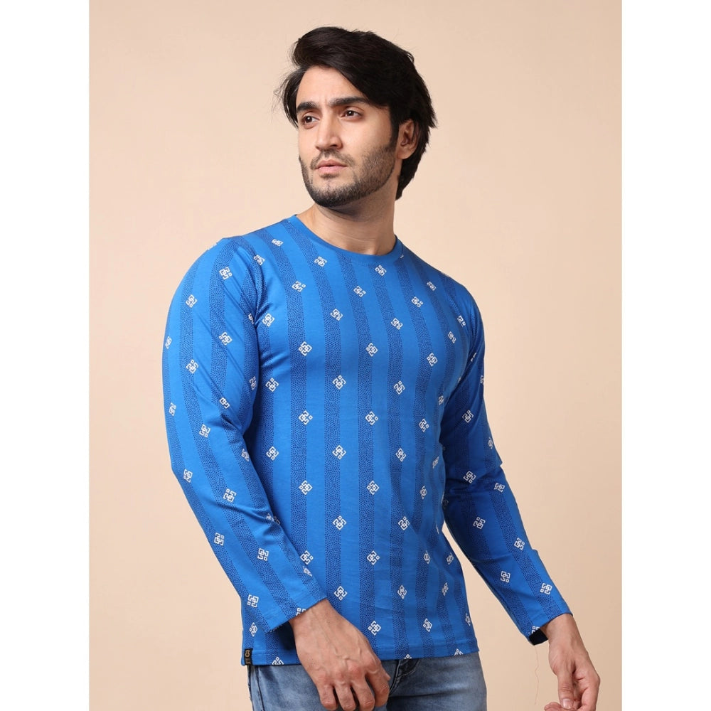Generic Men's Casual Cotton Printed Round Neck Full Sleeve T-Shirt (Blue)