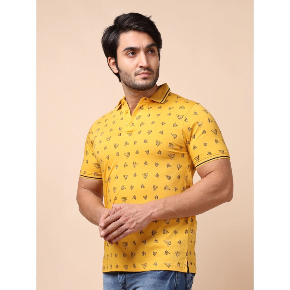 Generic Men's Casual Cotton Printed Polo Neck Half Sleeve T-Shirt (Mustard)