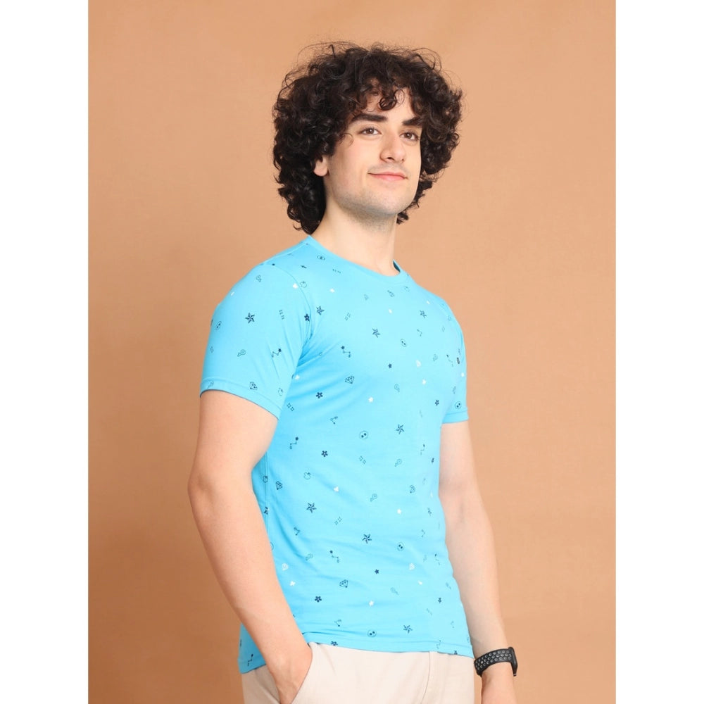 Generic Men's Casual Cotton Printed Round Neck Half Sleeve T-Shirt (Skyblue)