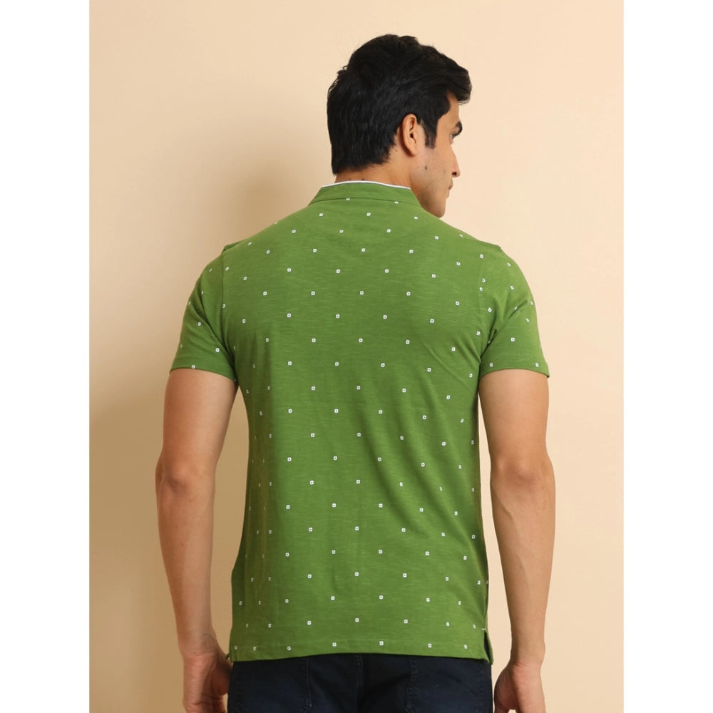 Generic Men's Casual Cotton Printed Mandarin Collar Half Sleeve T-Shirt (Green)