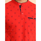 Generic Men's Casual Cotton Printed Mandarin Collar Half Sleeve T-Shirt (Red)