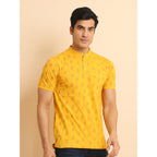 Generic Men's Casual Cotton Printed Mandarin Collar Half Sleeve T-Shirt (Mustard)