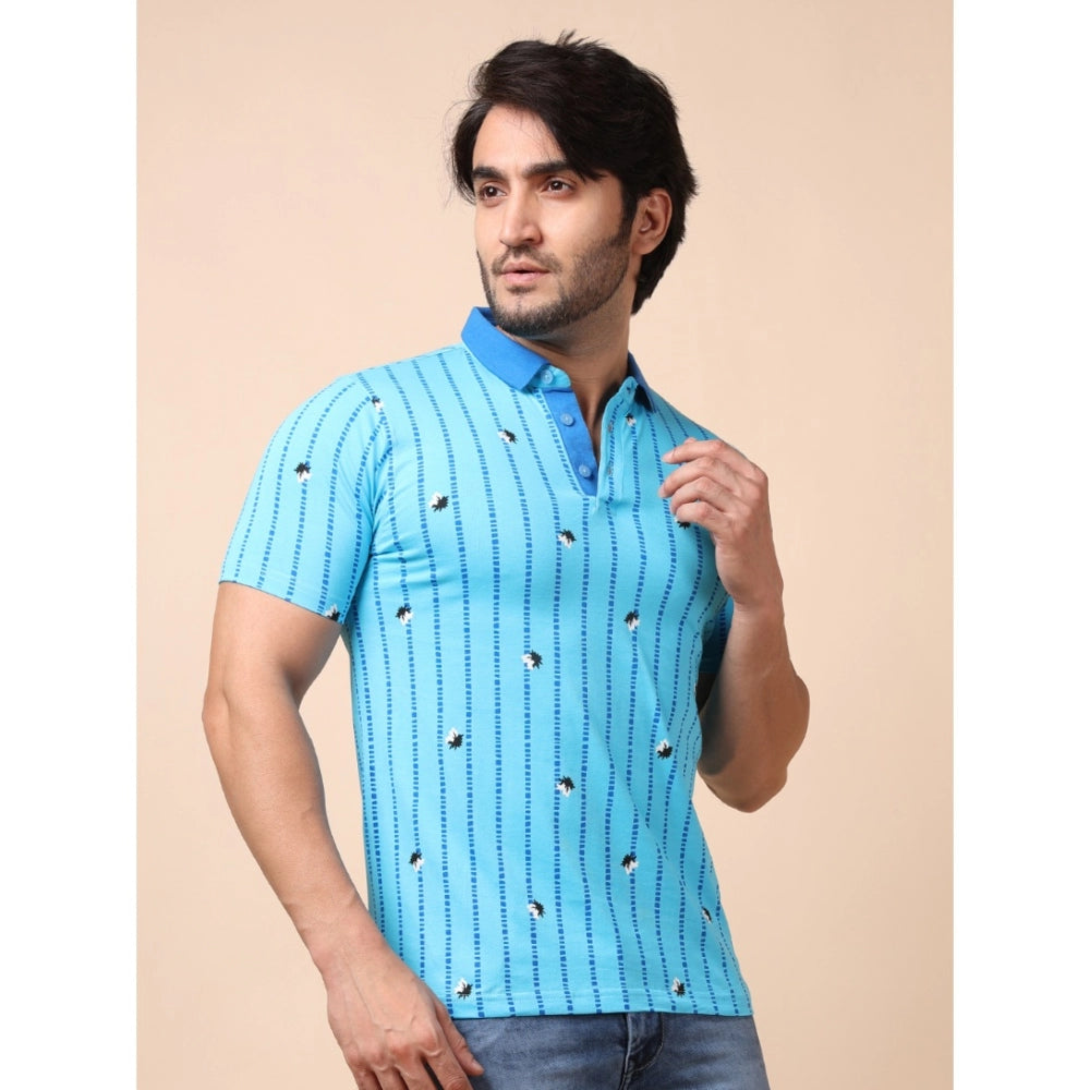 Generic Men's Casual Cotton Printed Polo Neck Half Sleeve T-Shirt (Skyblue)