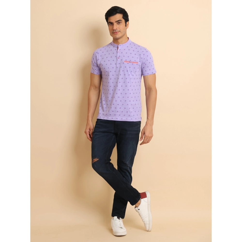 Generic Men's Casual Cotton Printed Mandarin Collar Half Sleeve T-Shirt (Lavender) Secondary image