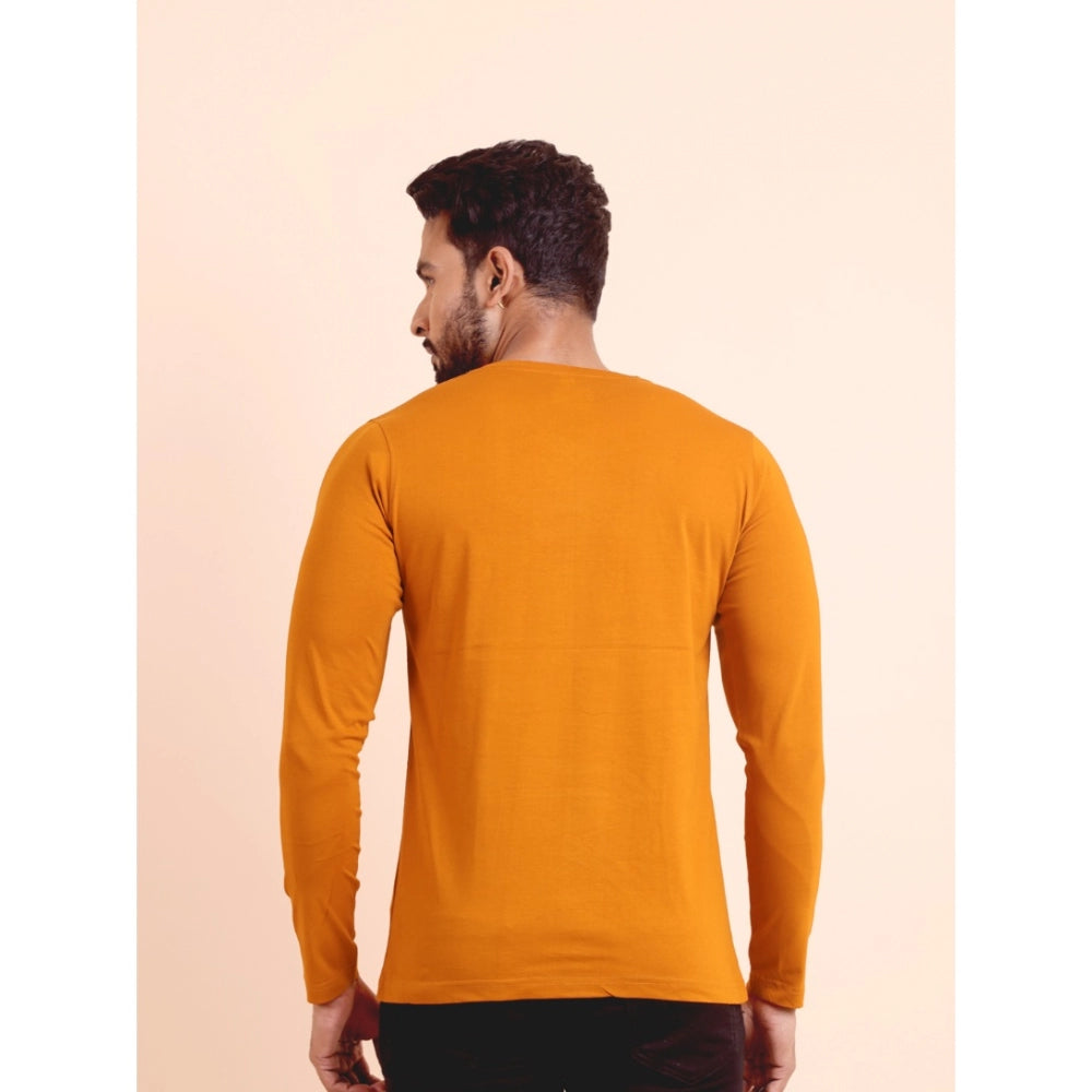 Generic Men's Casual Cotton Solid V Neck Full Sleeve T-Shirt  (Mustard)