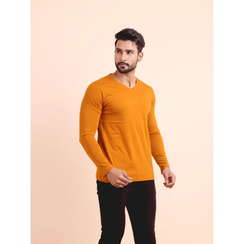 Generic Men's Casual Cotton Solid V Neck Full Sleeve T-Shirt  (Mustard)