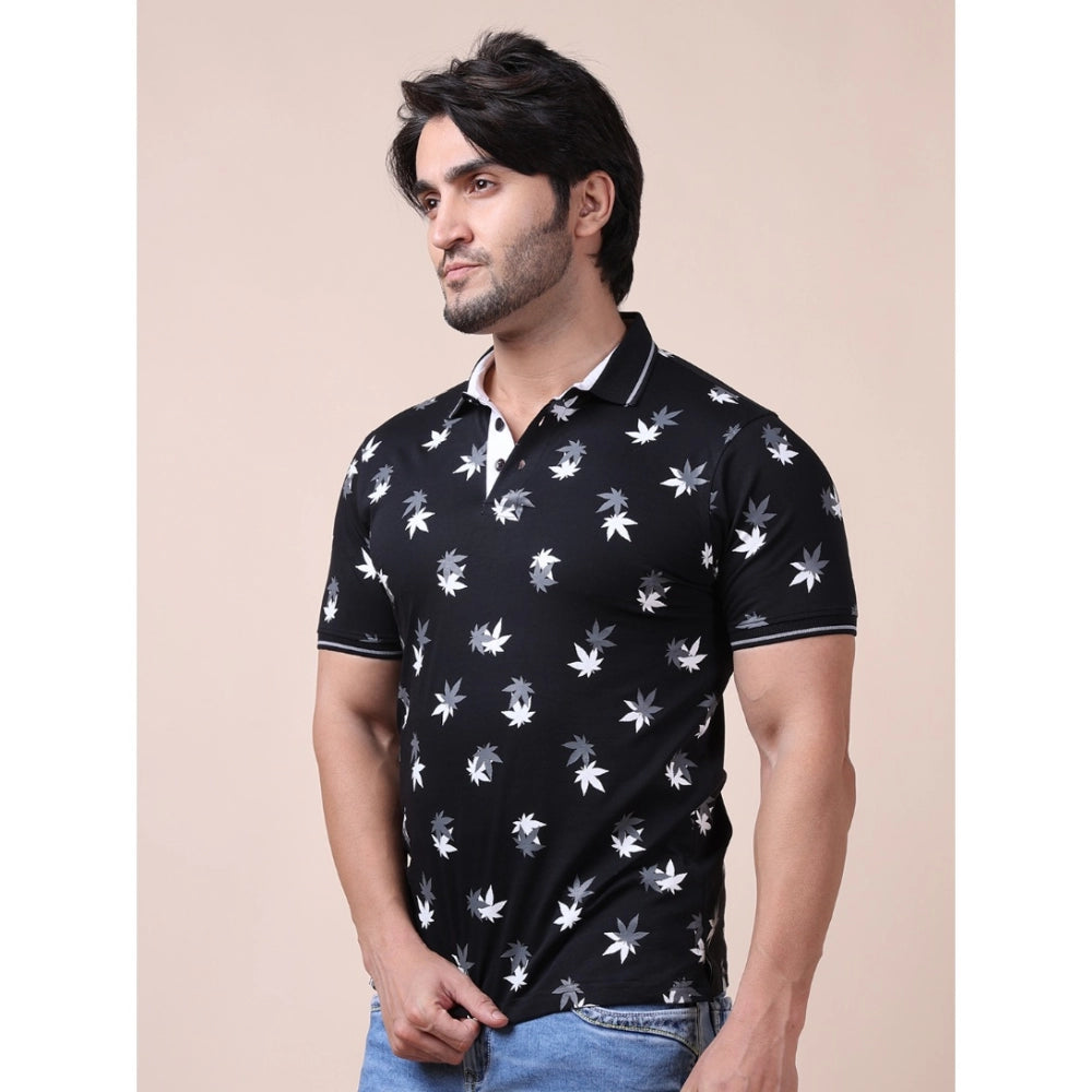 Generic Men's Casual Cotton Printed Polo Neck Half Sleeve T-Shirt (Black)