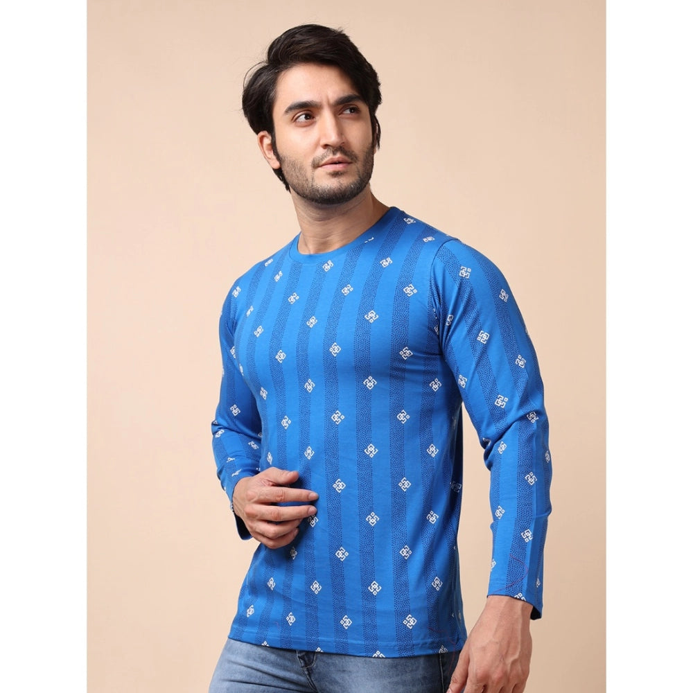 Generic Men's Casual Cotton Printed Round Neck Full Sleeve T-Shirt (Blue)