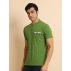 Generic Men's Casual Cotton Printed Mandarin Collar Half Sleeve T-Shirt (Green)