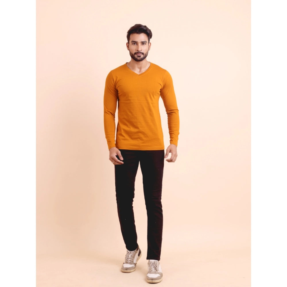 Generic Men's Casual Cotton Solid V Neck Full Sleeve T-Shirt  (Mustard) Secondary image