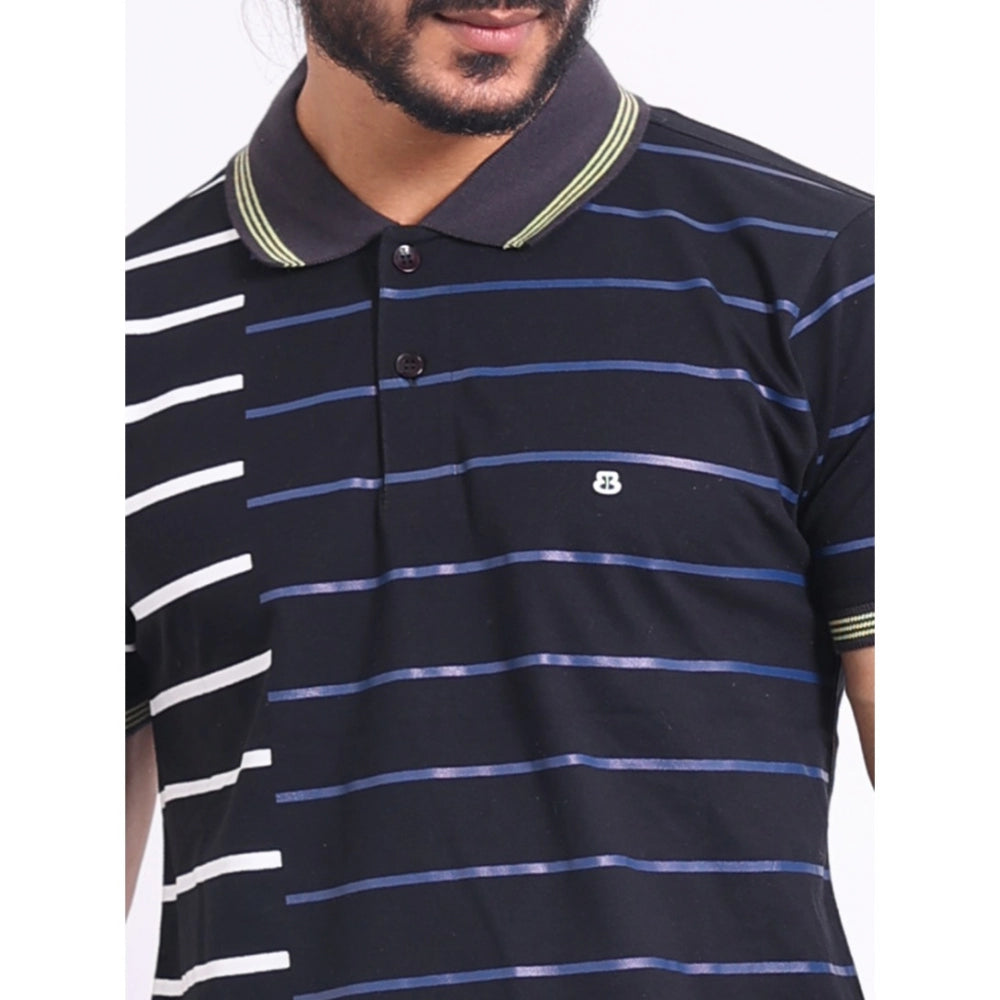 Generic Men's Casual Cotton Printed Polo Neck Half Sleeve T-Shirt (Black)