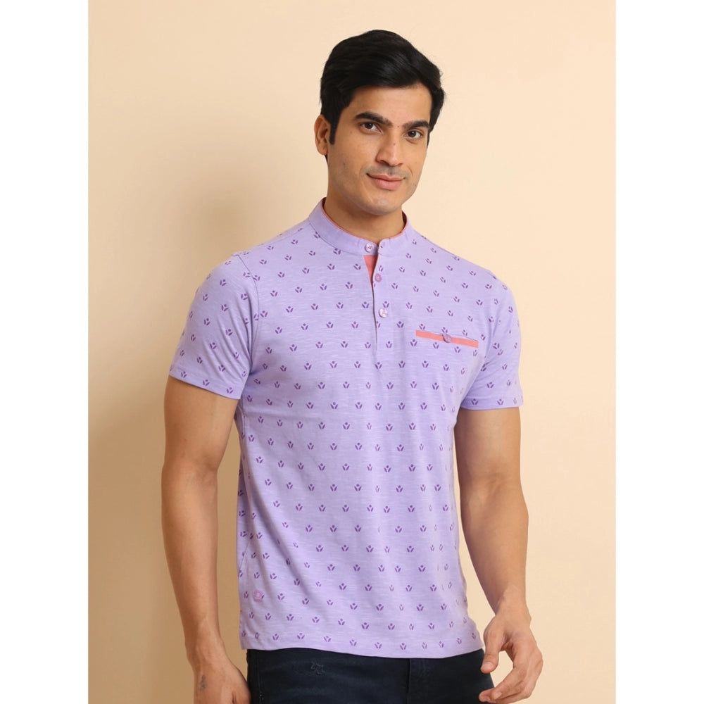 Generic Men's Casual Cotton Printed Mandarin Collar Half Sleeve T-Shirt (Lavender)