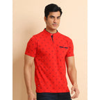 Generic Men's Casual Cotton Printed Mandarin Collar Half Sleeve T-Shirt (Red)