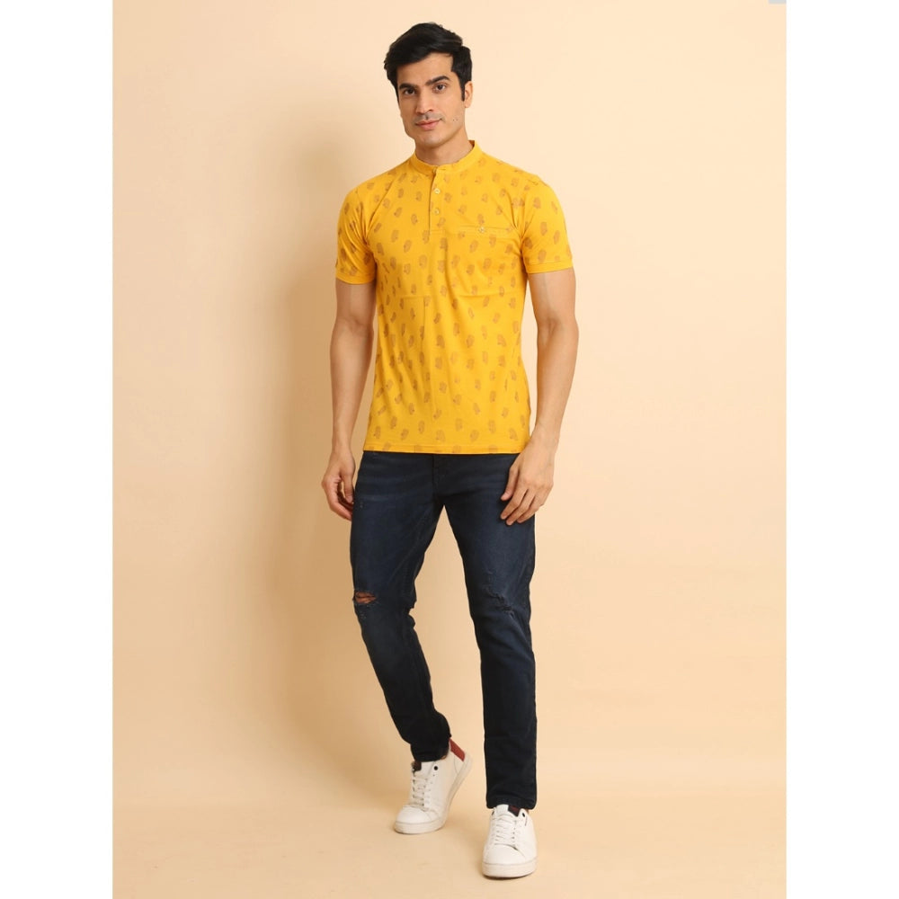 Generic Men's Casual Cotton Printed Mandarin Collar Half Sleeve T-Shirt (Mustard) Secondary image