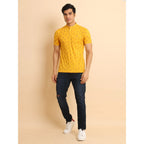 Generic Men's Casual Cotton Printed Mandarin Collar Half Sleeve T-Shirt (Mustard)