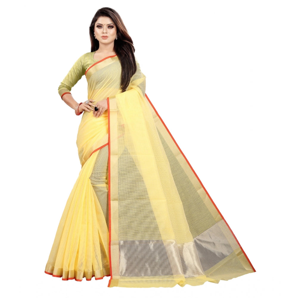 Generic Women's Silk Blend Striped Saree With Unstitched Blouse 5.5Mtr (Yellow) Main image
