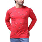 Generic Men's Casual Cotton Printed Round Neck Full Sleeve T-Shirt (Red)