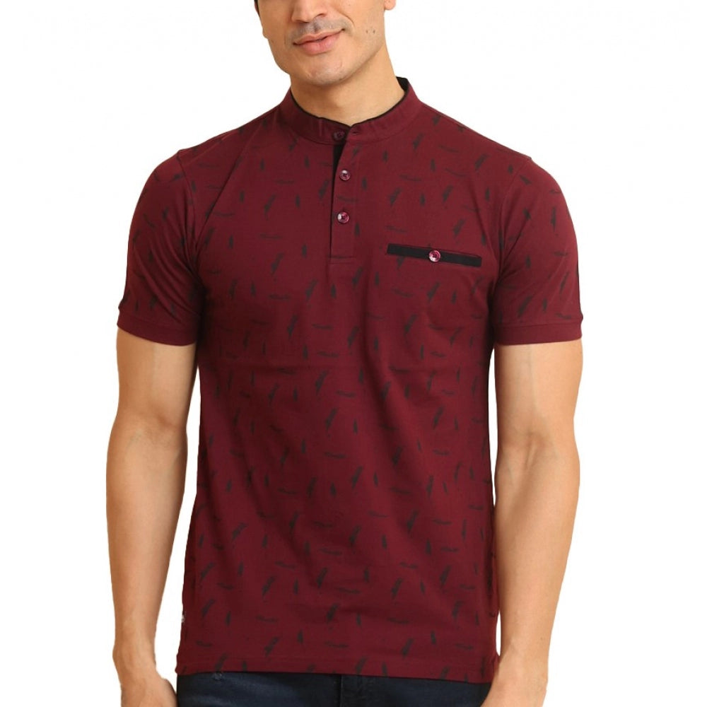 Generic Men's Casual Cotton Printed Mandarin Collar Half Sleeve T-Shirt (Plum) Main image