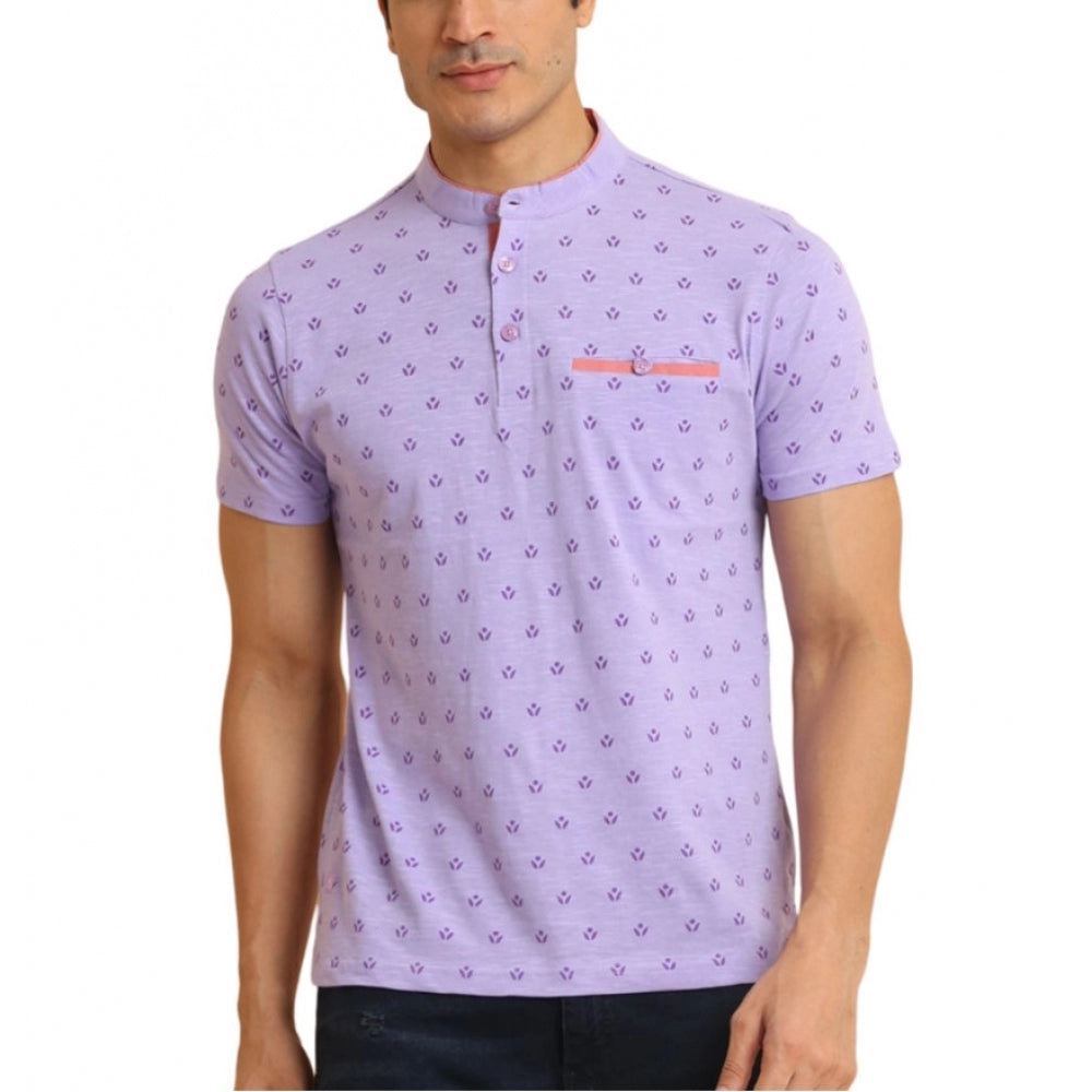 Generic Men's Casual Cotton Printed Mandarin Collar Half Sleeve T-Shirt (Lavender)