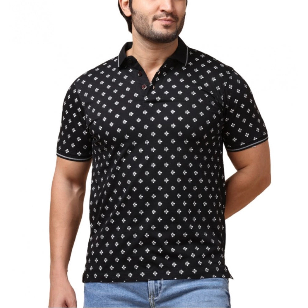 Generic Men's Casual Cotton Printed Polo Neck Half Sleeve T-Shirt (Black) Main image