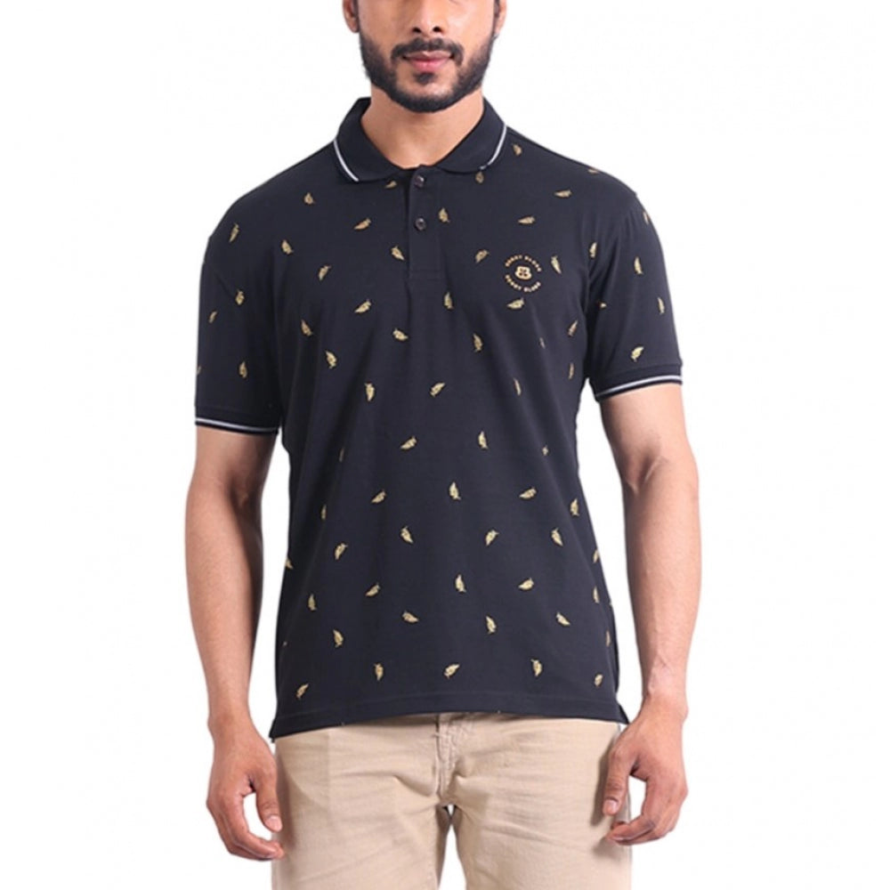 Generic Men's Casual Cotton Printed Polo Neck Half Sleeve T-Shirt (Black) Main image