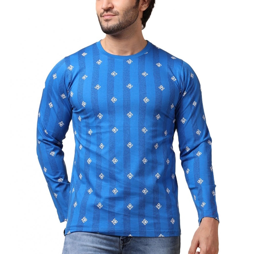 Generic Men's Casual Cotton Printed Round Neck Full Sleeve T-Shirt (Blue) Main image