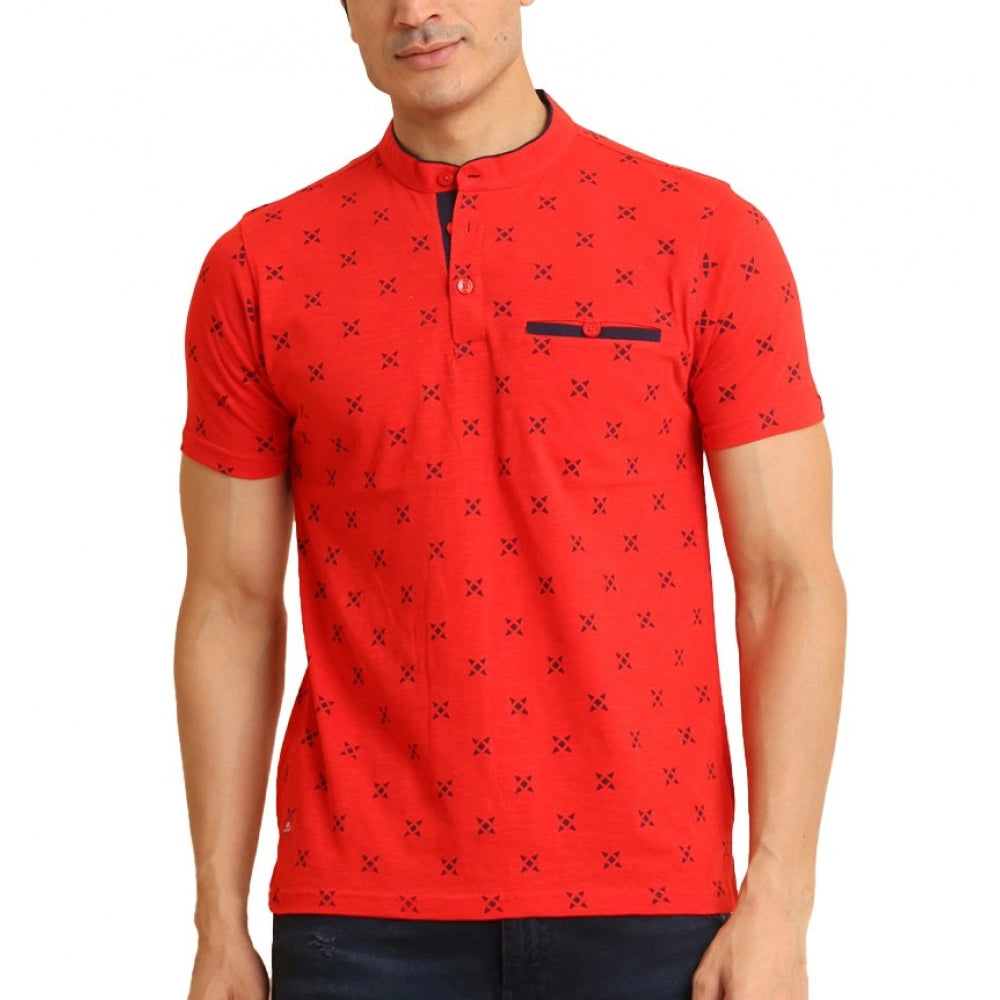 Generic Men's Casual Cotton Printed Mandarin Collar Half Sleeve T-Shirt (Red) Main image