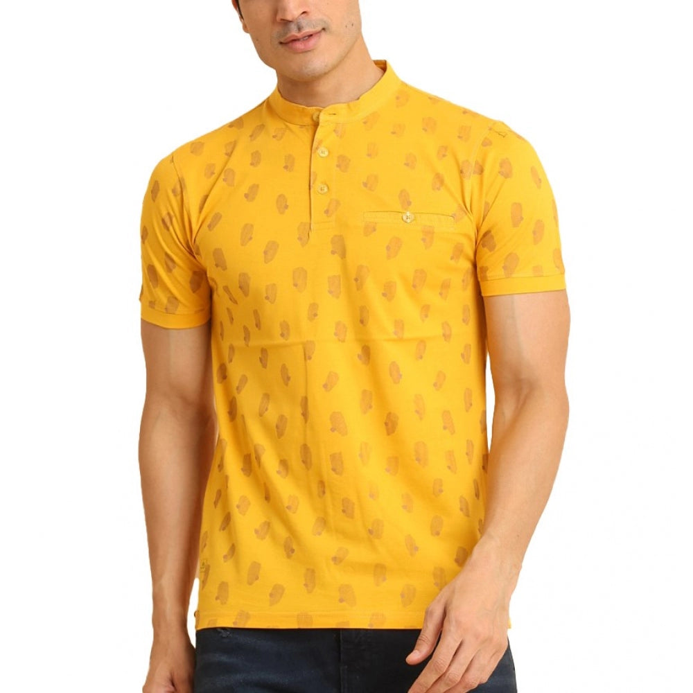 Generic Men's Casual Cotton Printed Mandarin Collar Half Sleeve T-Shirt (Mustard) Main image