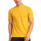 Generic Men's Casual Cotton Printed Mandarin Collar Half Sleeve T-Shirt (Mustard)