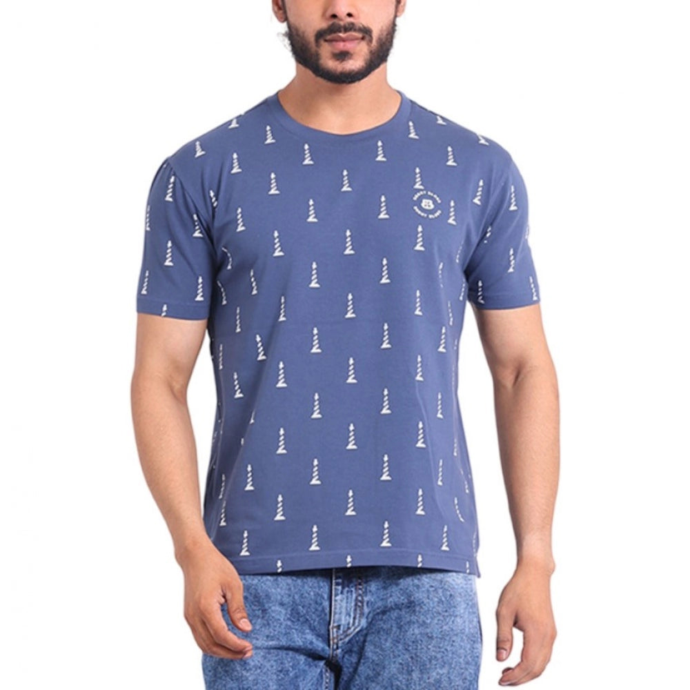 Generic Men's Casual Cotton Printed Round Neck Half Sleeve T-Shirt (Blue) Main image