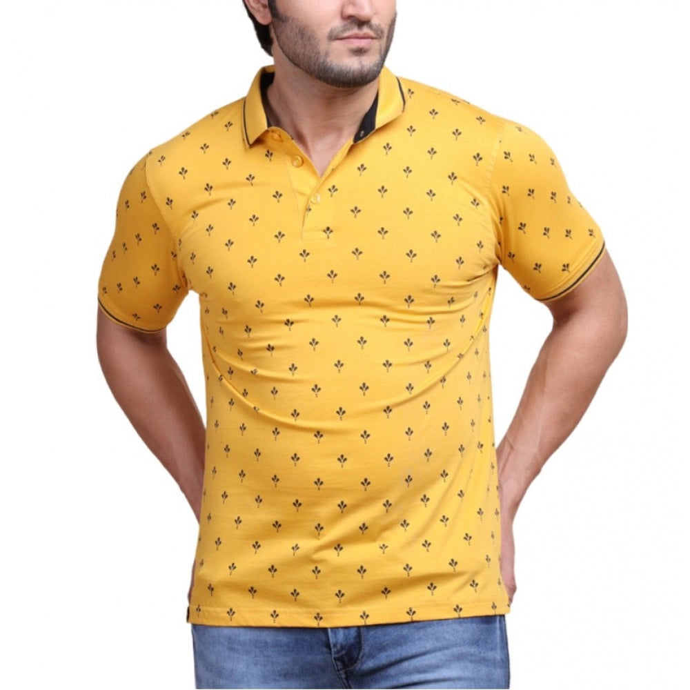 Generic Men's Casual Cotton Printed Polo Neck Half Sleeve T-Shirt (Mustard) Main image