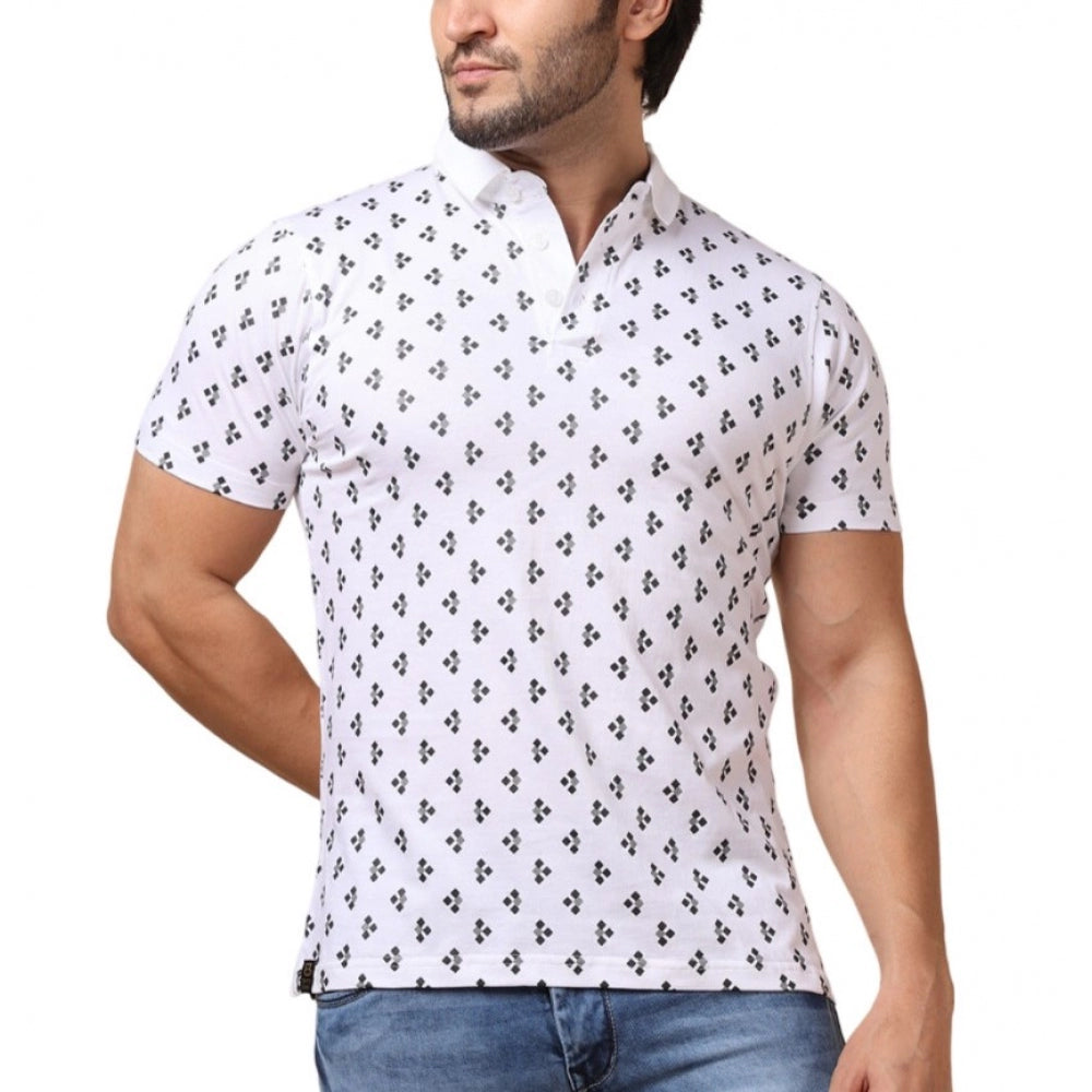 Generic Men's Casual Cotton Printed Polo Neck Half Sleeve T-Shirt (White) Main image