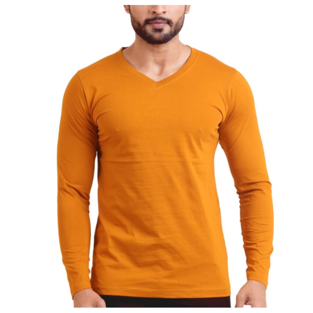 Generic Men's Casual Cotton Solid V Neck Full Sleeve T-Shirt  (Mustard)