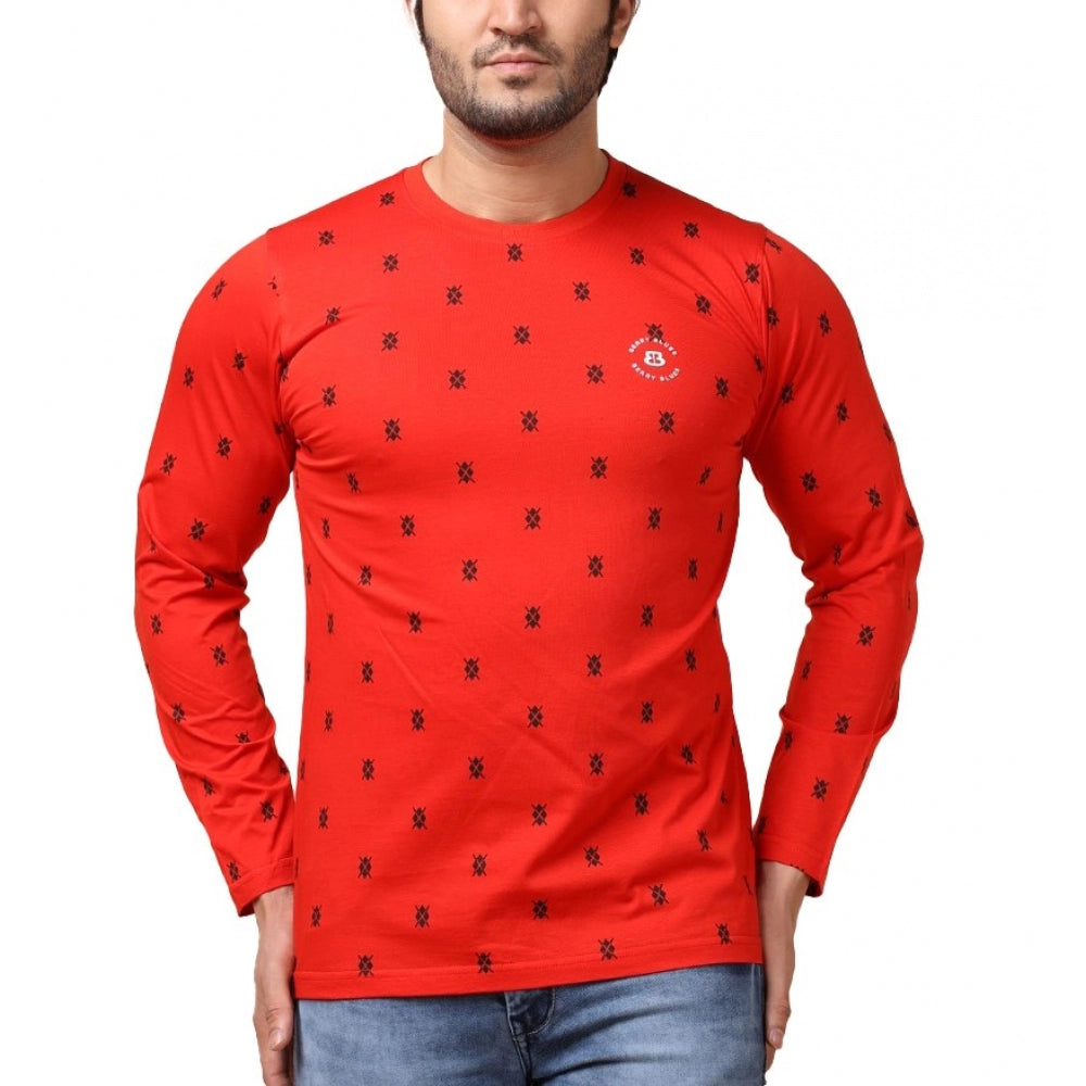 Generic Men's Casual Cotton Printed Round Neck Full Sleeve T-Shirt (Red) Main image