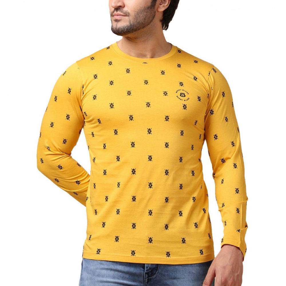 Generic Men's Casual Cotton Printed Round Neck Full Sleeve T-Shirt (Mustard) Main image